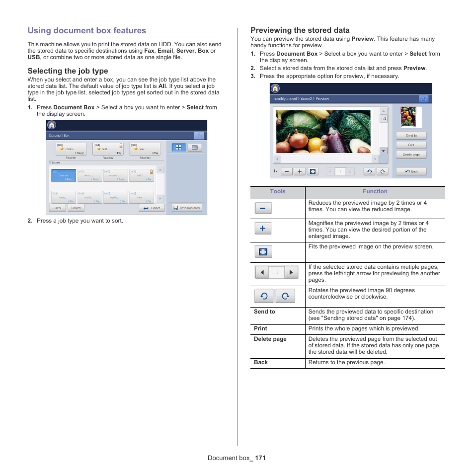 Using document box features, Selecting the job type, Previewing the stored data | 171 using document box features 171, Previewing the stored data" on | Samsung SCX-8240NA-CAS User Manual | Page 171 / 265