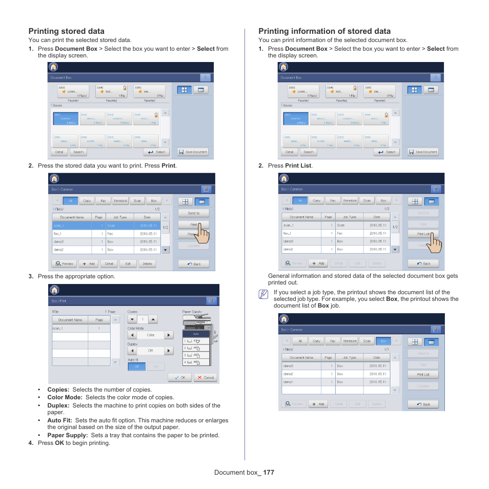 Printing stored data, Printing information of stored data | Samsung SCX-8240NA-CAS User Manual | Page 177 / 265