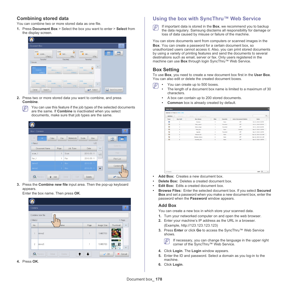Combining stored data, Using the box with syncthru™ web service, Box setting | 178 using the box with syncthru™ web service 178, Using the box with syncthru | Samsung SCX-8240NA-CAS User Manual | Page 178 / 265