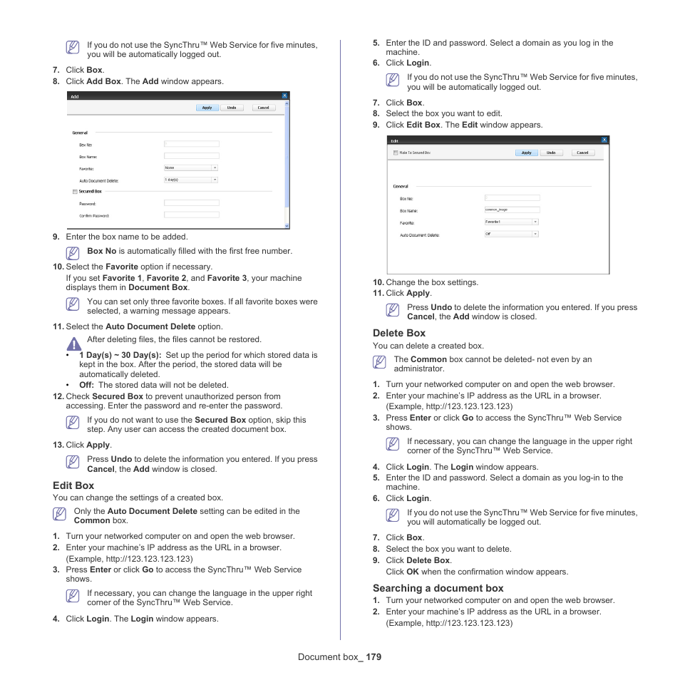 Edit box, Delete box, Searching a document box | Samsung SCX-8240NA-CAS User Manual | Page 179 / 265