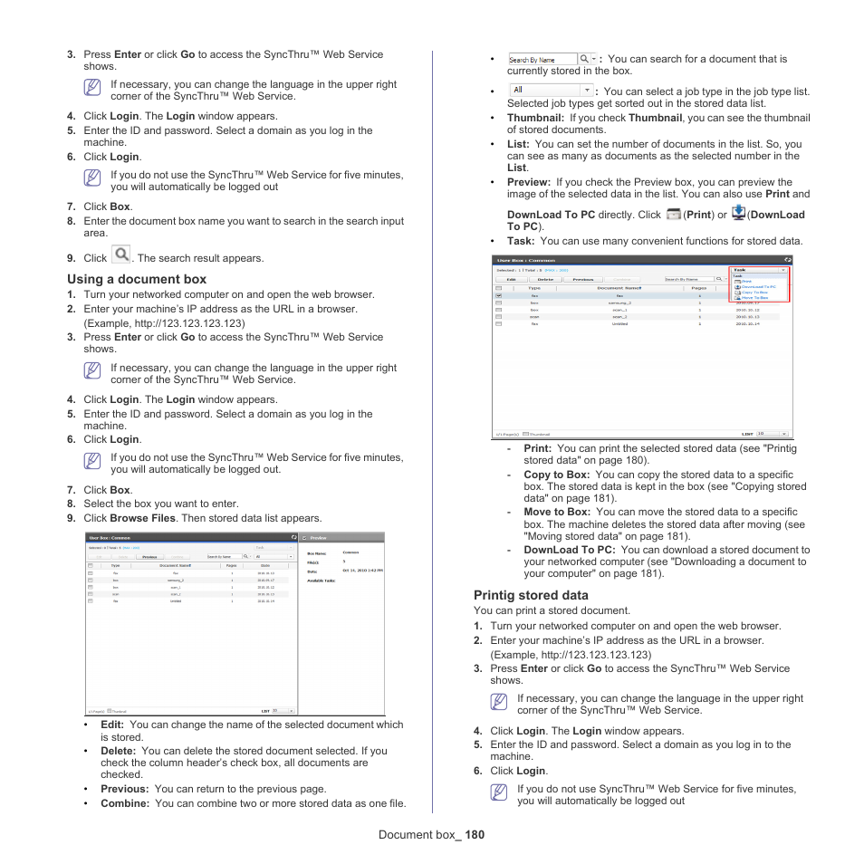 Using a document box, Printig stored data | Samsung SCX-8240NA-CAS User Manual | Page 180 / 265
