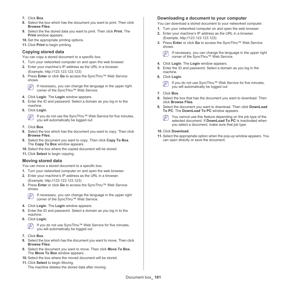 Copying stored, Downloading a document to, Copying stored data | Moving stored data, Downloading a document to your computer | Samsung SCX-8240NA-CAS User Manual | Page 181 / 265