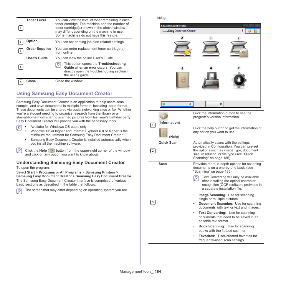 Using samsung easy document creator, Understanding samsung easy document creator, 184 using samsung easy document creator 184 | Samsung SCX-8240NA-CAS User Manual | Page 184 / 265