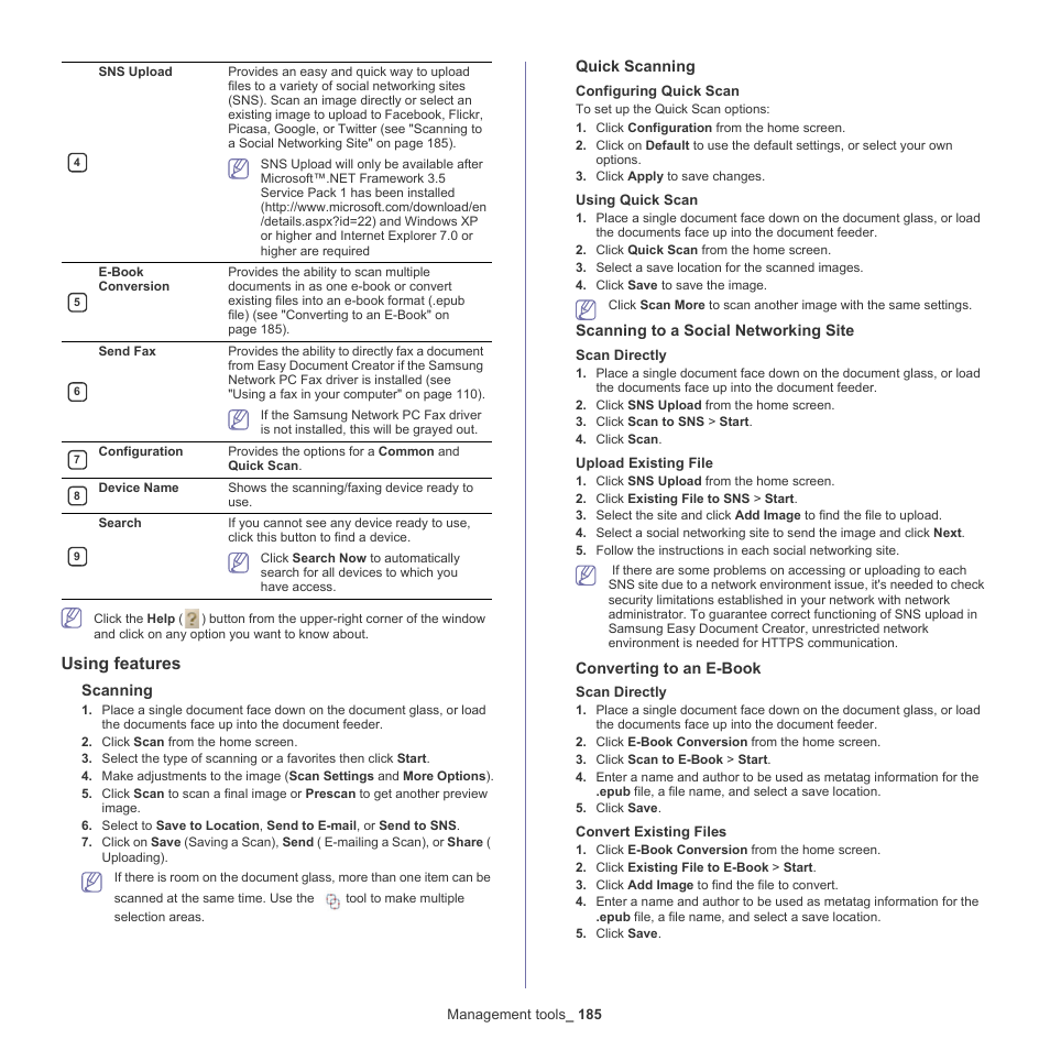 Using features, Scanning, Quick scanning | Scanning to a social networking site, Converting to an e-book | Samsung SCX-8240NA-CAS User Manual | Page 185 / 265