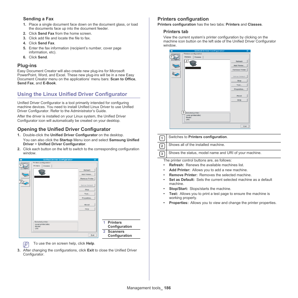 Plug-ins, Using the linux unified driver configurator, Opening the unified driver configurator | Printers configuration | Samsung SCX-8240NA-CAS User Manual | Page 186 / 265