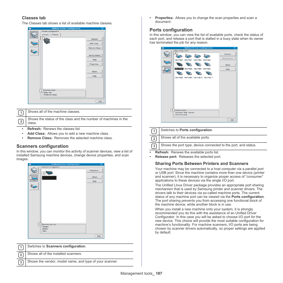 Scanners configuration, Ports configuration, Classes tab | Sharing ports between printers and scanners | Samsung SCX-8240NA-CAS User Manual | Page 187 / 265