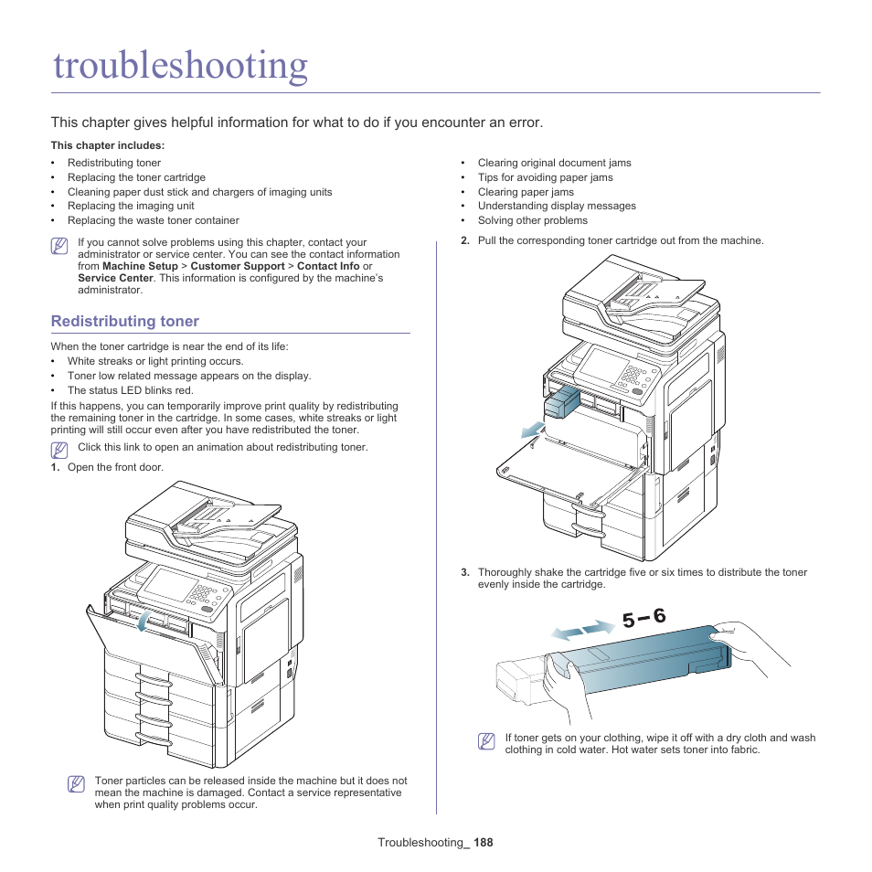 Troubleshooting, Redistributing toner, 188 redistributing toner | Samsung SCX-8240NA-CAS User Manual | Page 188 / 265