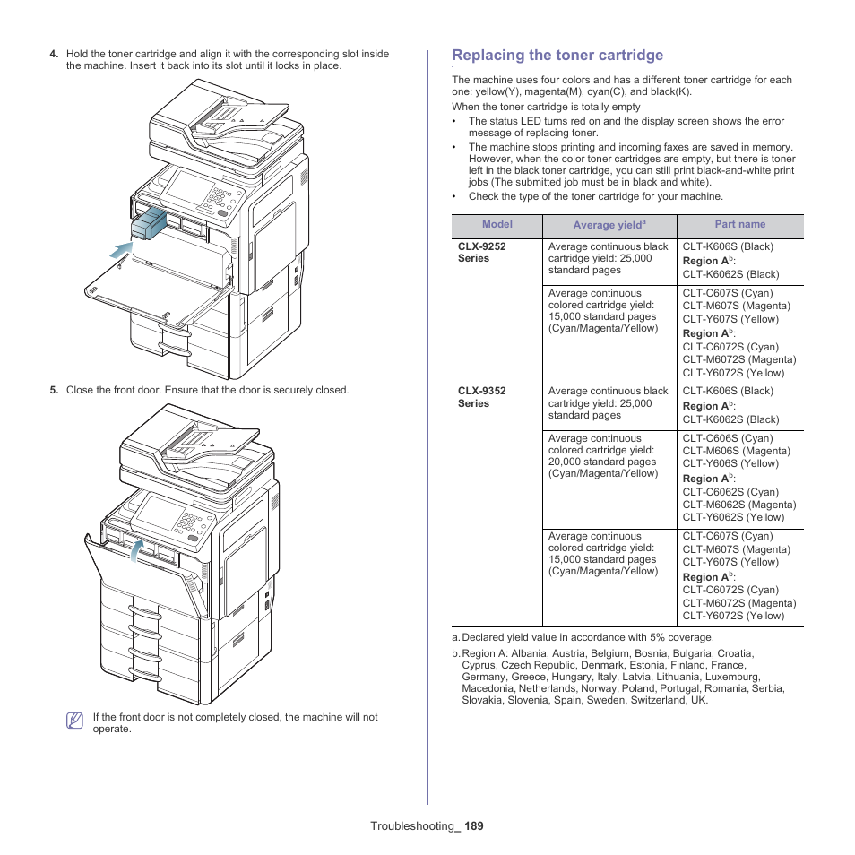 Replacing the toner cartridge, 189 replacing the toner cartridge | Samsung SCX-8240NA-CAS User Manual | Page 189 / 265
