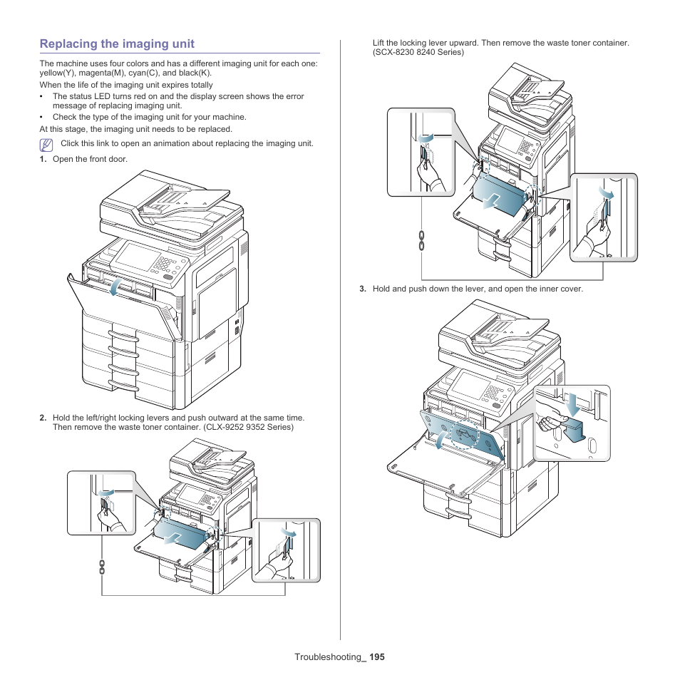 Replacing the imaging unit, 195 replacing the imaging unit | Samsung SCX-8240NA-CAS User Manual | Page 195 / 265