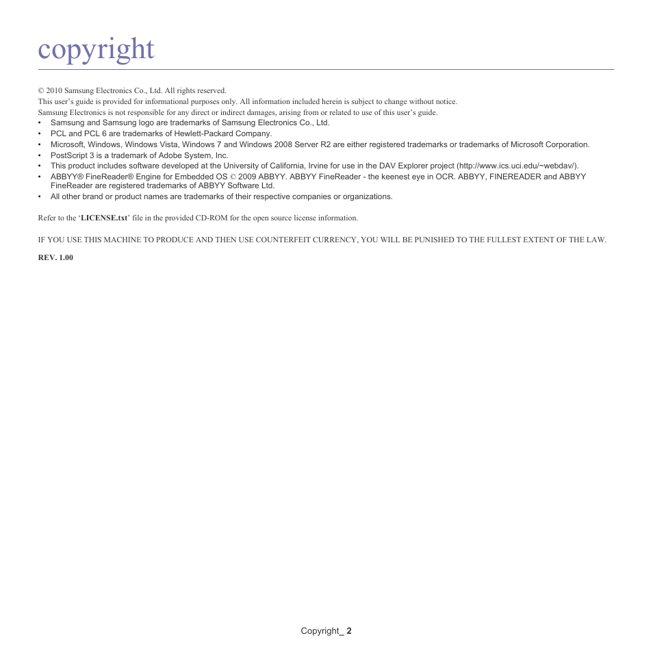 Copyright | Samsung SCX-8240NA-CAS User Manual | Page 2 / 265