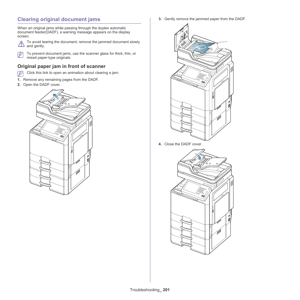 Clearing original document jams, Original paper jam in front of scanner, 201 clearing original document jams 201 | Samsung SCX-8240NA-CAS User Manual | Page 201 / 265