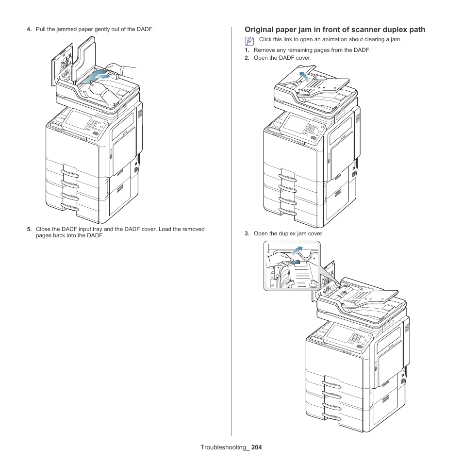 Original paper jam in front of scanner duplex path | Samsung SCX-8240NA-CAS User Manual | Page 204 / 265