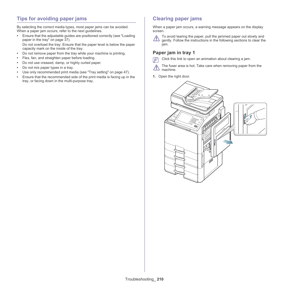 Tips for avoiding paper jams, Clearing paper jams, Paper jam in tray 1 | Samsung SCX-8240NA-CAS User Manual | Page 210 / 265