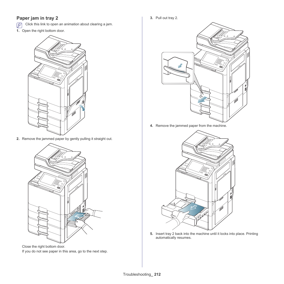 Paper jam in tray 2 | Samsung SCX-8240NA-CAS User Manual | Page 212 / 265