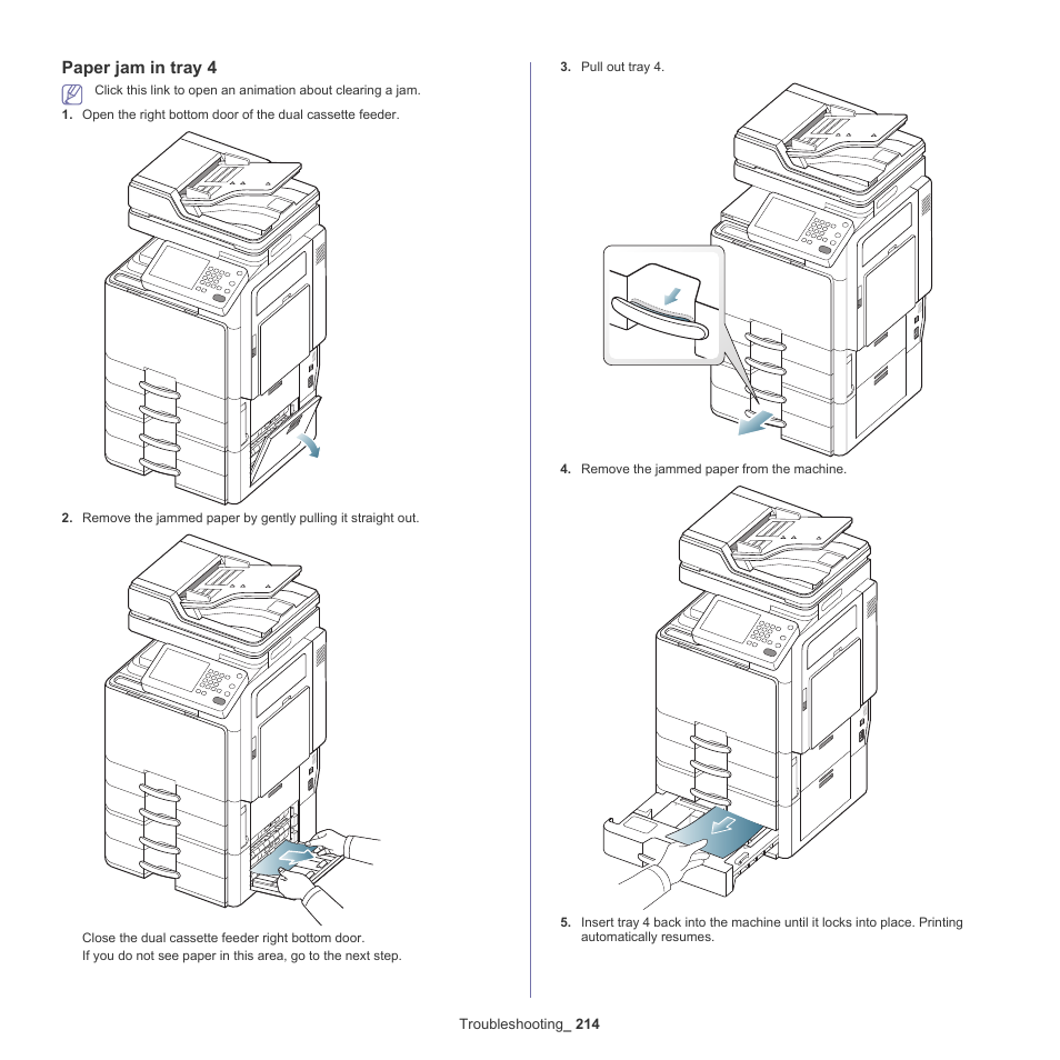Paper jam in tray 4 | Samsung SCX-8240NA-CAS User Manual | Page 214 / 265