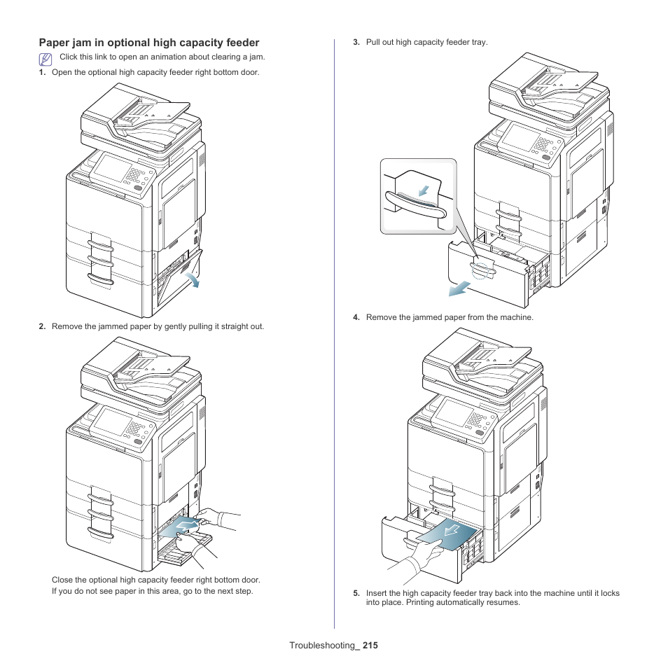 Paper jam in optional high capacity feeder | Samsung SCX-8240NA-CAS User Manual | Page 215 / 265