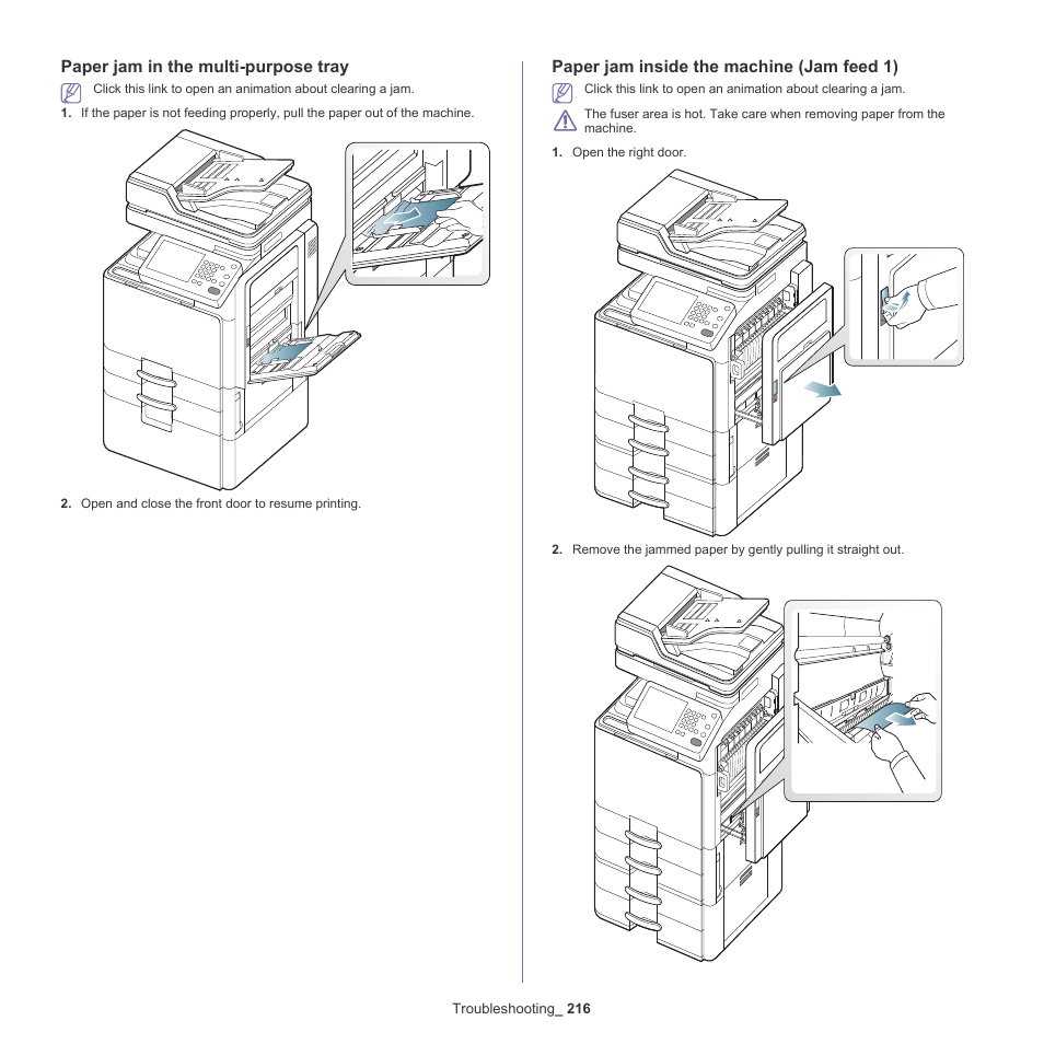 Paper jam in the multi-purpose tray, Paper jam inside the machine (jam feed 1) | Samsung SCX-8240NA-CAS User Manual | Page 216 / 265