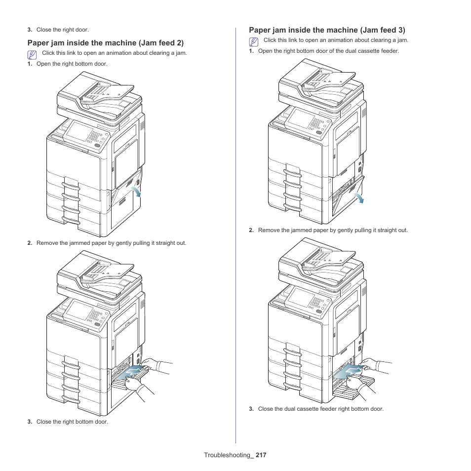Paper jam inside the machine (jam feed 2), Paper jam inside the machine (jam feed 3) | Samsung SCX-8240NA-CAS User Manual | Page 217 / 265