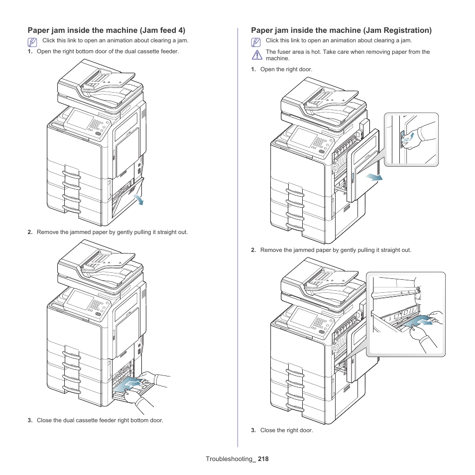 Paper jam inside the machine (jam feed 4), Paper jam inside the machine (jam registration) | Samsung SCX-8240NA-CAS User Manual | Page 218 / 265