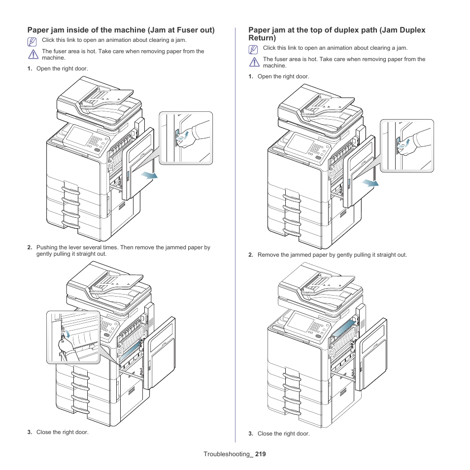 Paper jam inside of the machine (jam at fuser out) | Samsung SCX-8240NA-CAS User Manual | Page 219 / 265