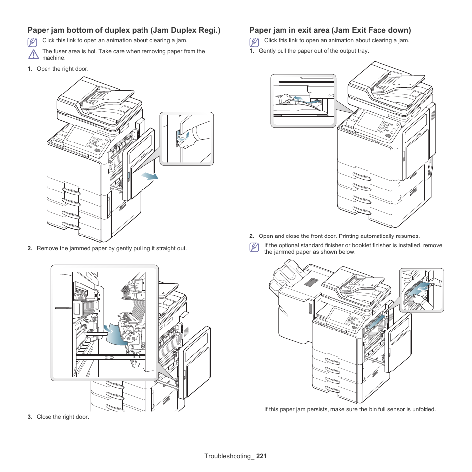 Paper jam bottom of duplex path (jam duplex regi.), Paper jam in exit area (jam exit face down) | Samsung SCX-8240NA-CAS User Manual | Page 221 / 265