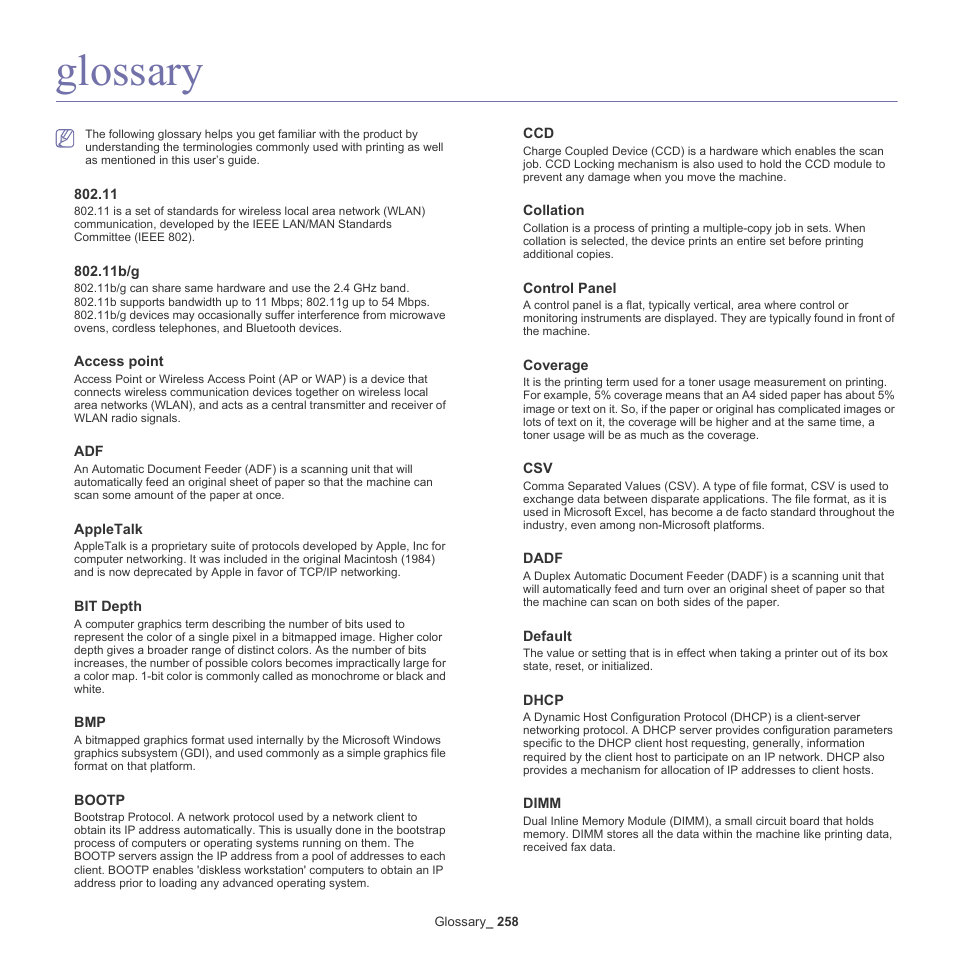 Glossary | Samsung SCX-8240NA-CAS User Manual | Page 258 / 265