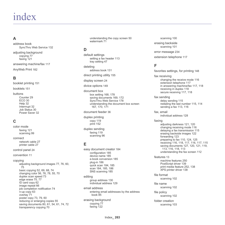Index | Samsung SCX-8240NA-CAS User Manual | Page 263 / 265