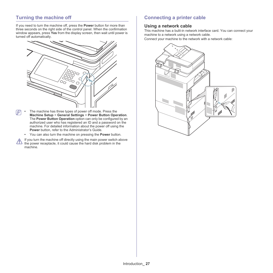 Turning the machine off, Connecting a printer cable, Using a network cable | Samsung SCX-8240NA-CAS User Manual | Page 27 / 265