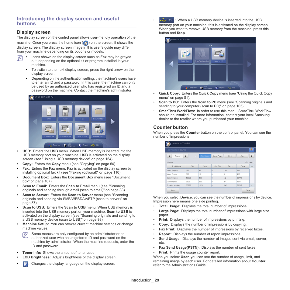 Introducing the display screen and useful buttons, Display screen, Counter button | Samsung SCX-8240NA-CAS User Manual | Page 29 / 265
