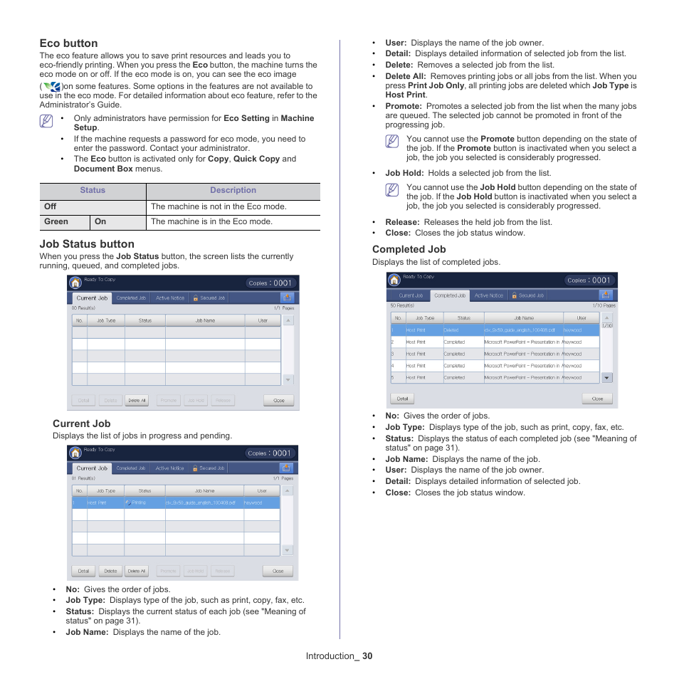 Eco button, Job status button | Samsung SCX-8240NA-CAS User Manual | Page 30 / 265