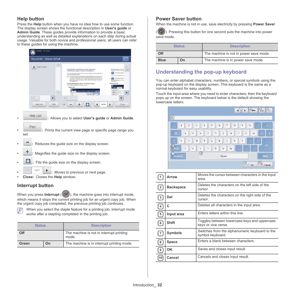 Help button, Interrupt button, Power saver button | Understanding the pop-up keyboard, 32 understanding the pop-up keyboard | Samsung SCX-8240NA-CAS User Manual | Page 32 / 265