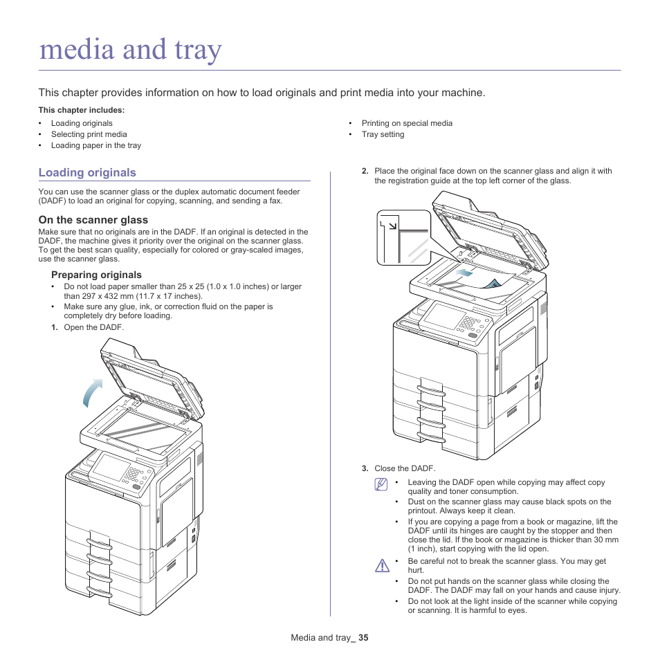 Media and tray, Loading originals, On the scanner glass | 35 loading originals | Samsung SCX-8240NA-CAS User Manual | Page 35 / 265