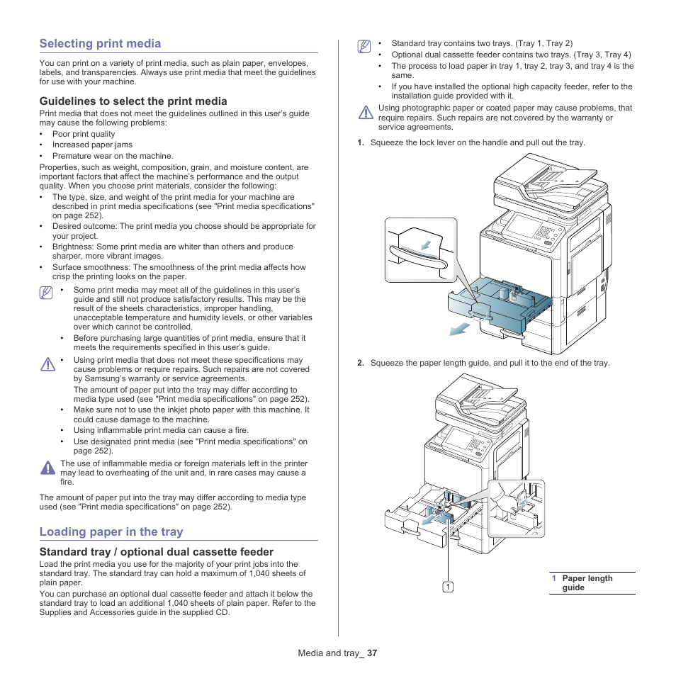 Selecting print media, Guidelines to select the print media, Loading paper in the tray | Standard tray / optional dual cassette feeder, 37 selecting print media, 37 loading paper in the tray | Samsung SCX-8240NA-CAS User Manual | Page 37 / 265