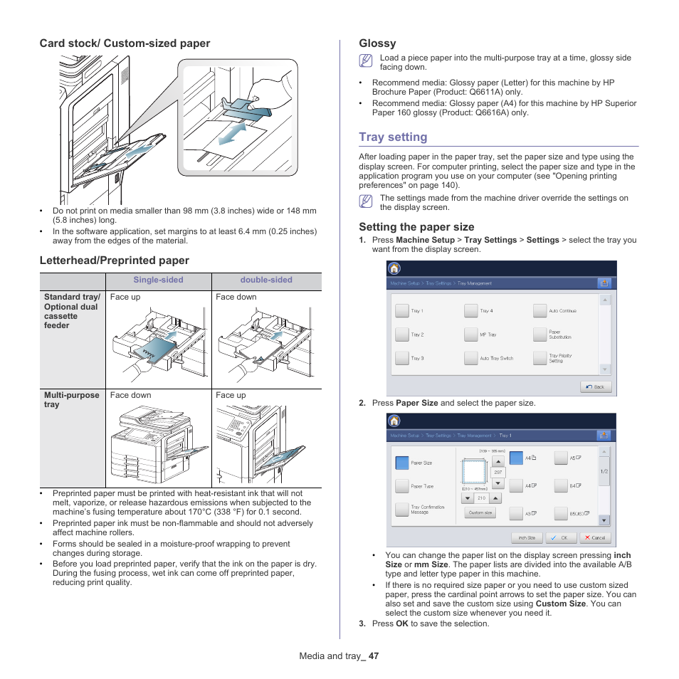 Card stock/ custom-sized paper, Letterhead/preprinted paper, Glossy | Tray setting, Setting the paper size, 47 tray setting | Samsung SCX-8240NA-CAS User Manual | Page 47 / 265