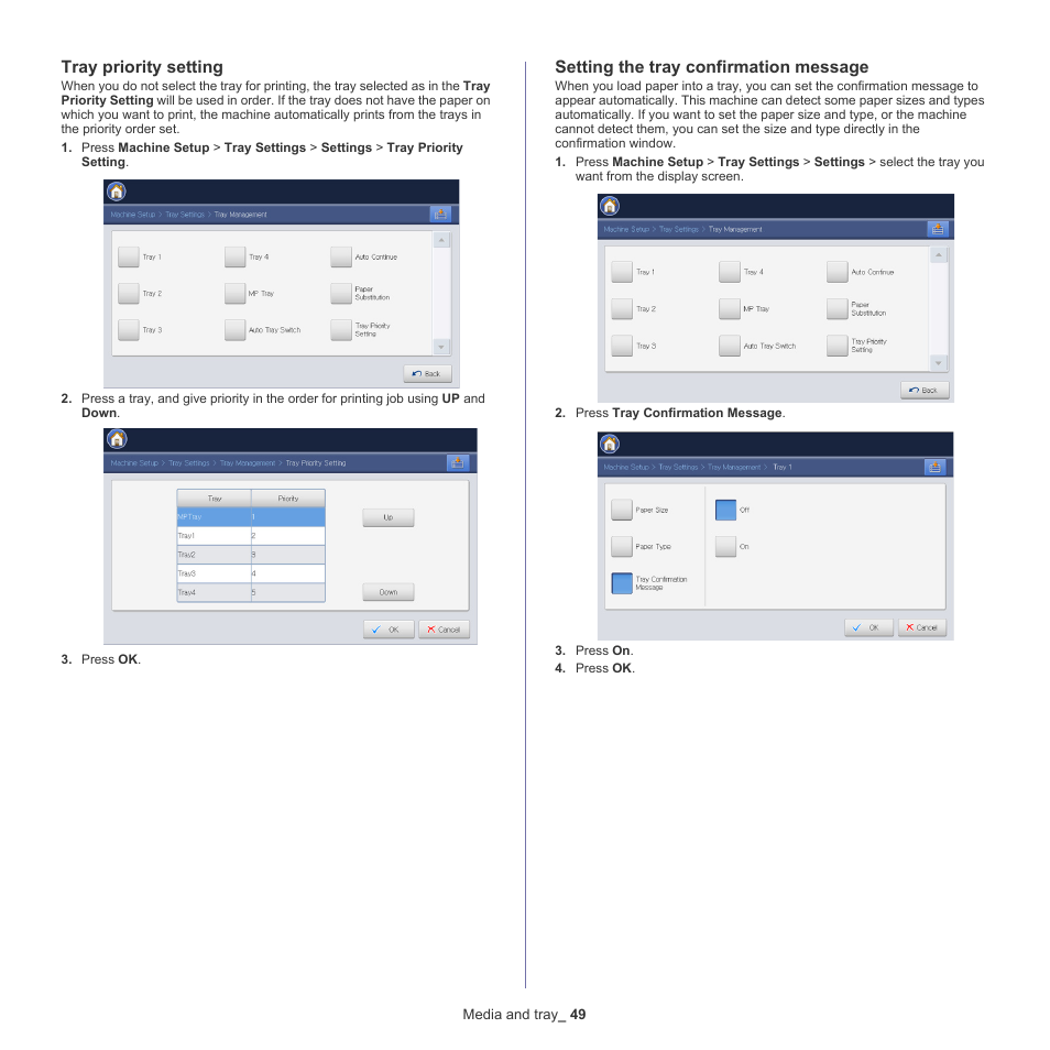 Tray priority setting, Setting the tray confirmation message, Setting the tray | Samsung SCX-8240NA-CAS User Manual | Page 49 / 265