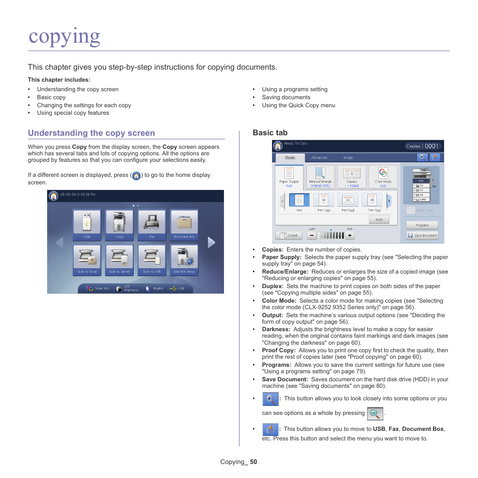 Copying, Understanding the copy screen, Basic tab | 50 understanding the copy screen | Samsung SCX-8240NA-CAS User Manual | Page 50 / 265