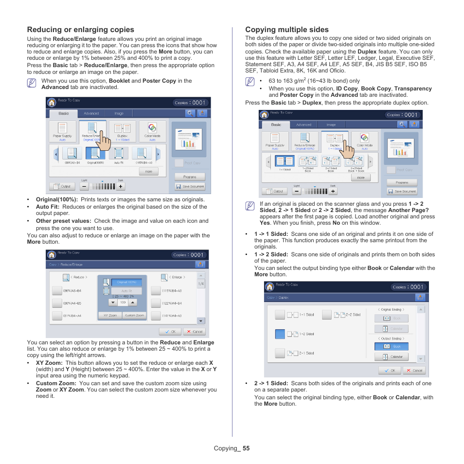 Reducing or enlarging copies, Copying multiple sides | Samsung SCX-8240NA-CAS User Manual | Page 55 / 265