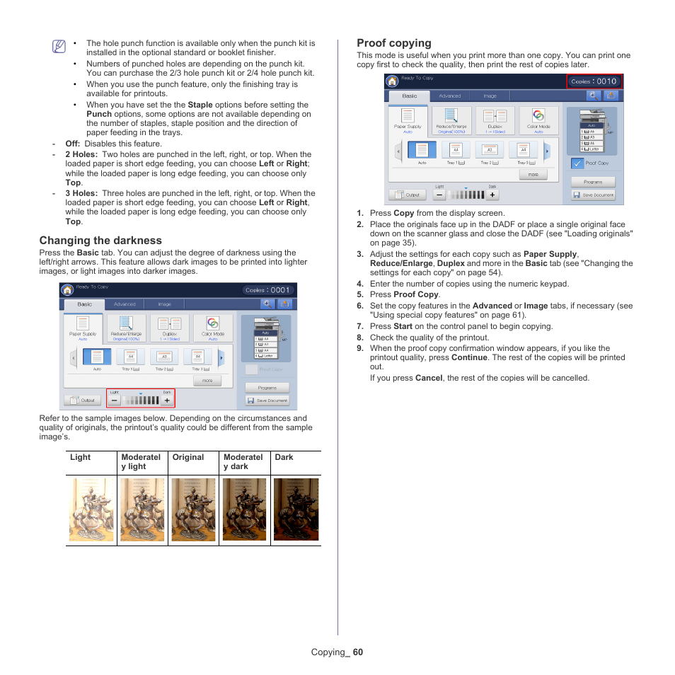 Changing the darkness, Proof copying | Samsung SCX-8240NA-CAS User Manual | Page 60 / 265