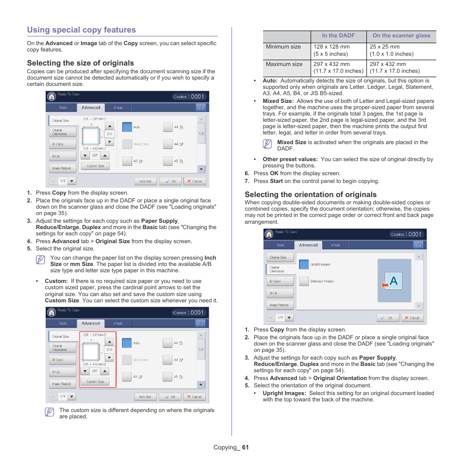 Using special copy features, Selecting the size of originals, Selecting the orientation of originals | 61 using special copy features, Selecting the size of | Samsung SCX-8240NA-CAS User Manual | Page 61 / 265