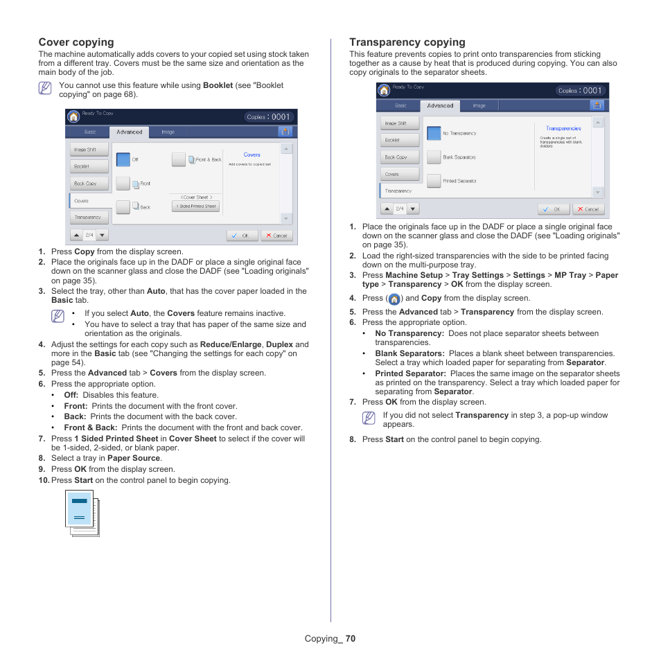 Cover copying, Transparency copying | Samsung SCX-8240NA-CAS User Manual | Page 70 / 265