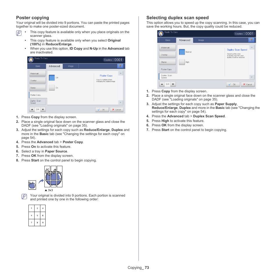 Poster copying, Selecting duplex scan speed, Ges (see "poster | Selecting | Samsung SCX-8240NA-CAS User Manual | Page 73 / 265