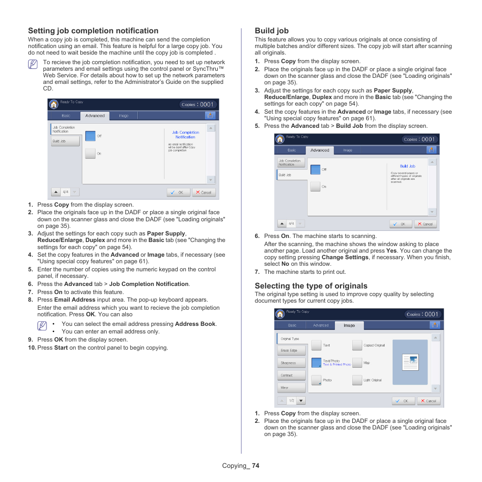 Setting job completion notification, Build job, Selecting the type of originals | Setting job completion notification" on, See "selecting the type of originals" on | Samsung SCX-8240NA-CAS User Manual | Page 74 / 265