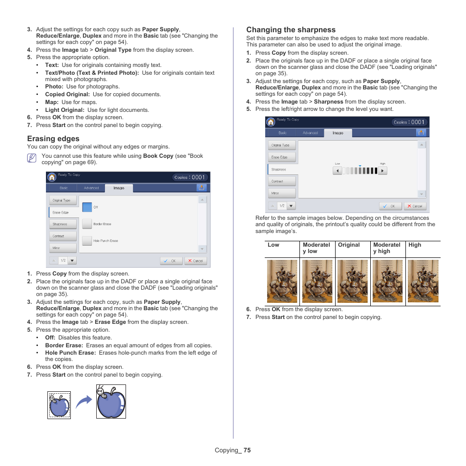Erasing edges, Changing the sharpness | Samsung SCX-8240NA-CAS User Manual | Page 75 / 265