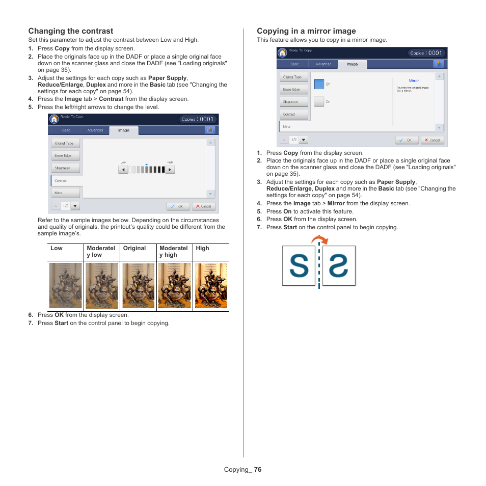 Changing the contrast, Copying in a mirror image, Copying in a | Samsung SCX-8240NA-CAS User Manual | Page 76 / 265