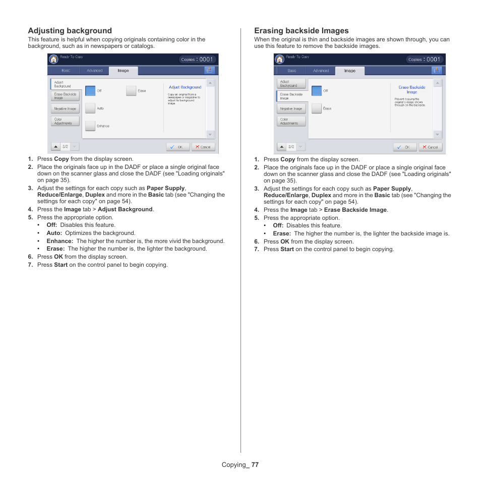 Adjusting background, Erasing backside images, Adjusting background" on | Samsung SCX-8240NA-CAS User Manual | Page 77 / 265