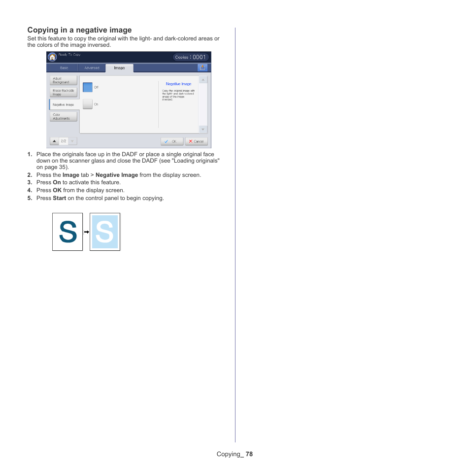 Copying in a negative image, Versed (see "copying in a | Samsung SCX-8240NA-CAS User Manual | Page 78 / 265