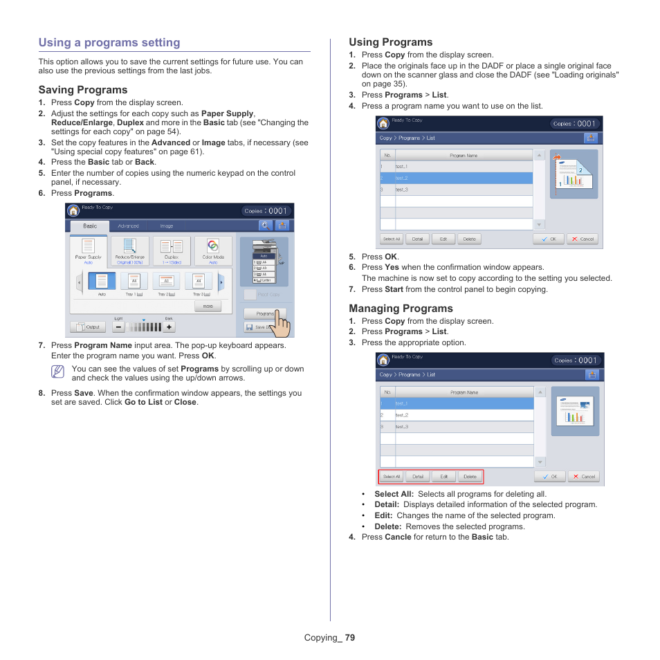 Using a programs setting, Saving programs, Using programs | Managing programs, 79 using a programs setting | Samsung SCX-8240NA-CAS User Manual | Page 79 / 265