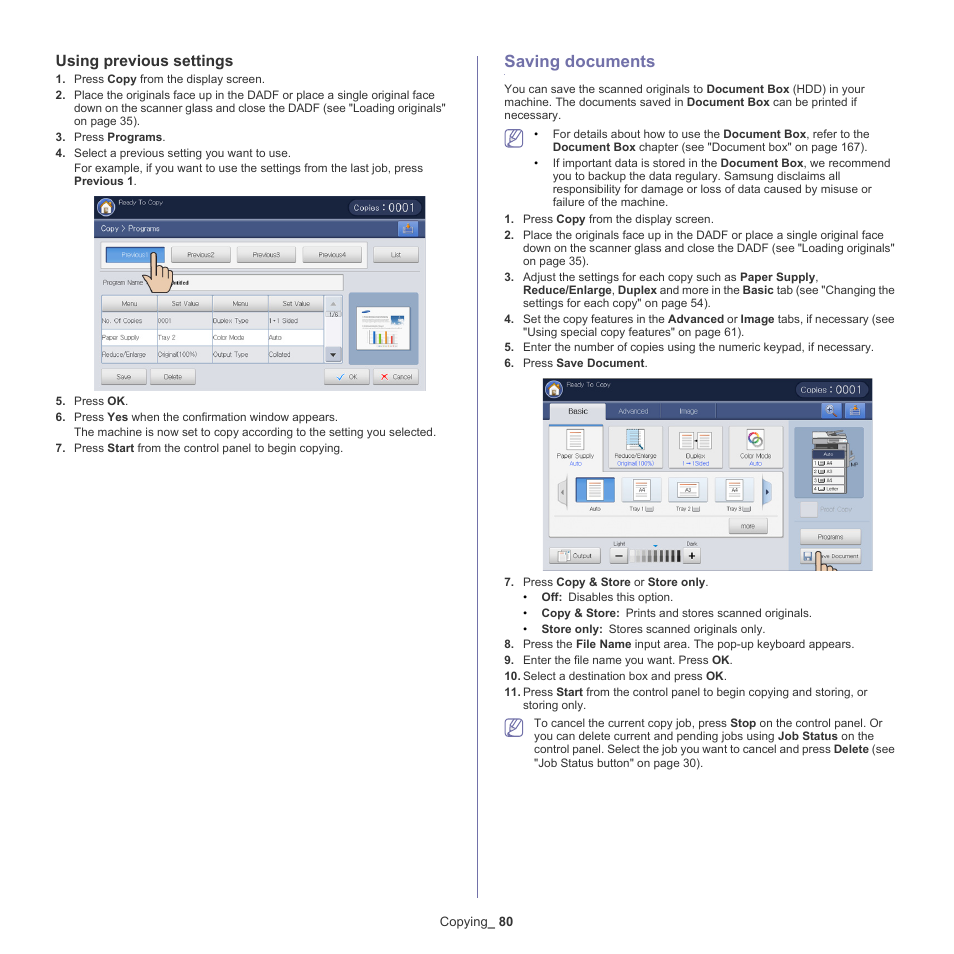 Using previous settings, Saving documents, 80 saving documents | Samsung SCX-8240NA-CAS User Manual | Page 80 / 265
