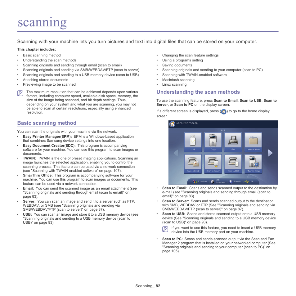 Scanning, Basic scanning method, Understanding the scan methods | Samsung SCX-8240NA-CAS User Manual | Page 82 / 265