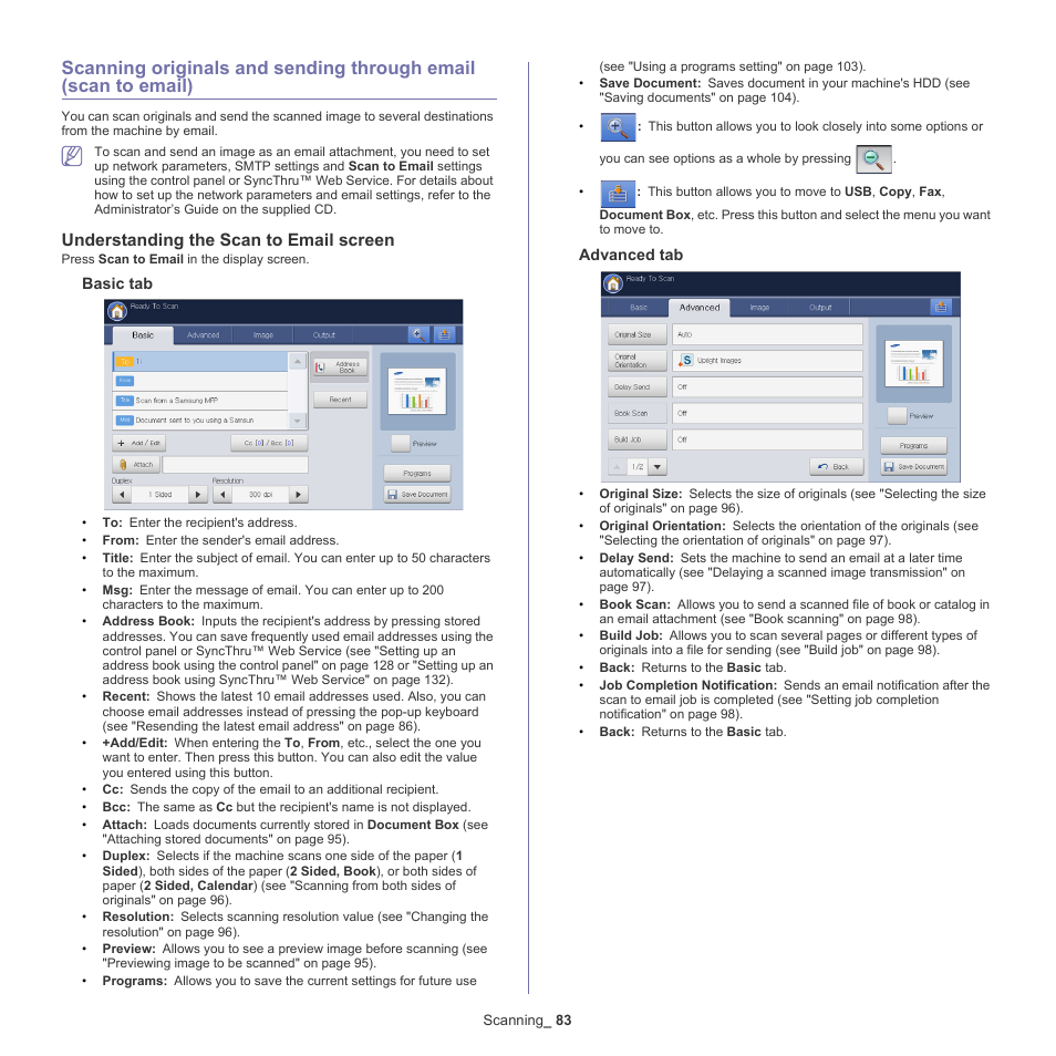 Understanding the scan to email screen, Scanning | Samsung SCX-8240NA-CAS User Manual | Page 83 / 265